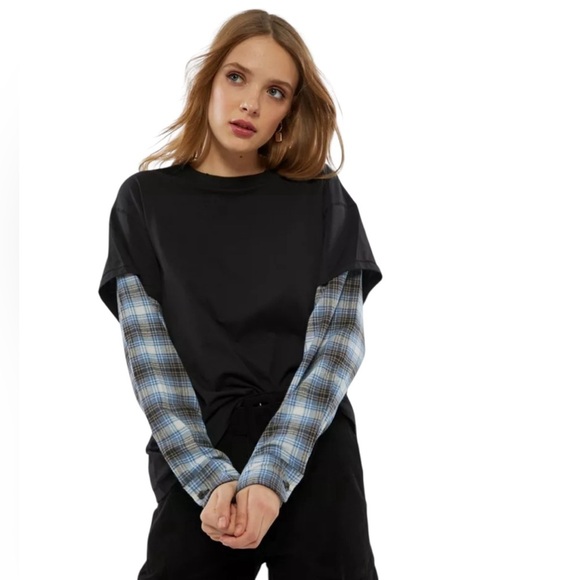 Urban Outfitters - NWT Plaid Sleeve Black Tee Grunge Y2K 90s Band Style Sz L - Picture 1 of 8